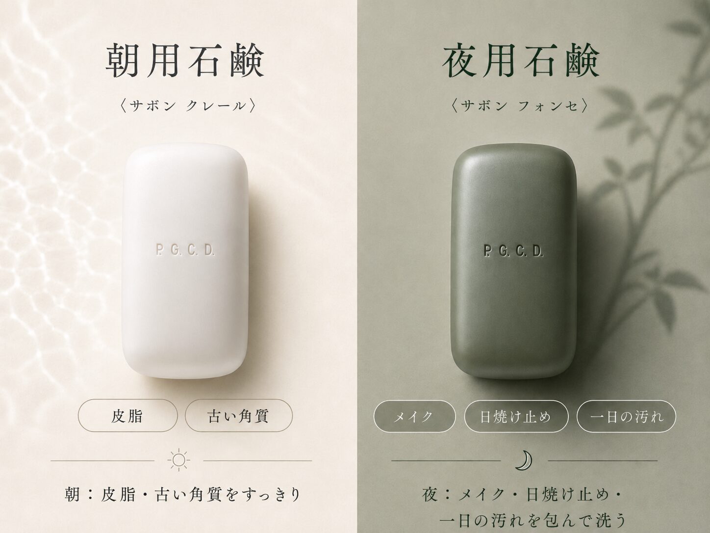 朝用の白い〈サボン クレール〉と、夜用の深いグリーンの〈サボン フォンセ〉